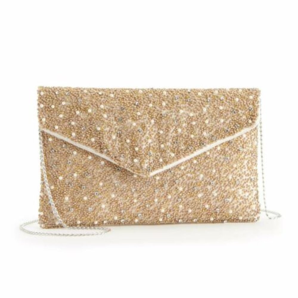 Lenore by La Regale Womens Gold Mix Bead with Pearl Envelope Style Clutch - Gold